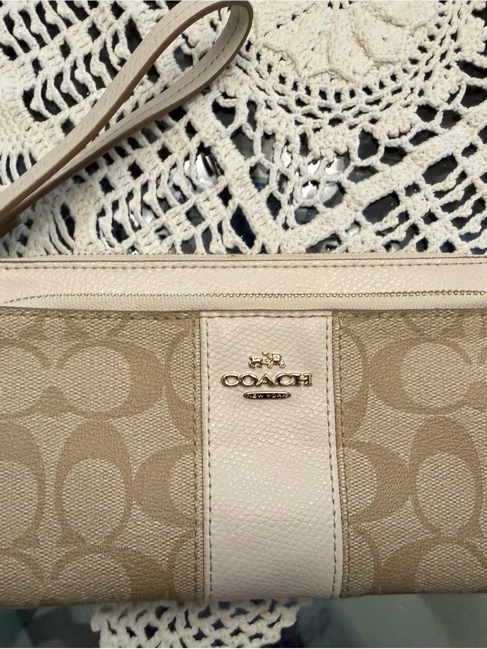 COACH Beige Signature Canvas Wristlet with Cream Leather Trim
